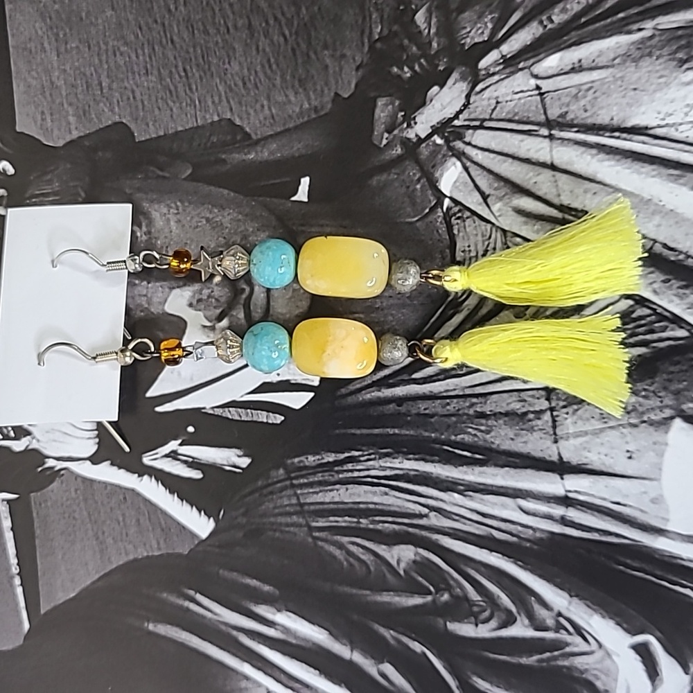 Bohemian Earrings Dangle Yellow Turquoise Tassel Handmade Unique Fall Gift Fun
